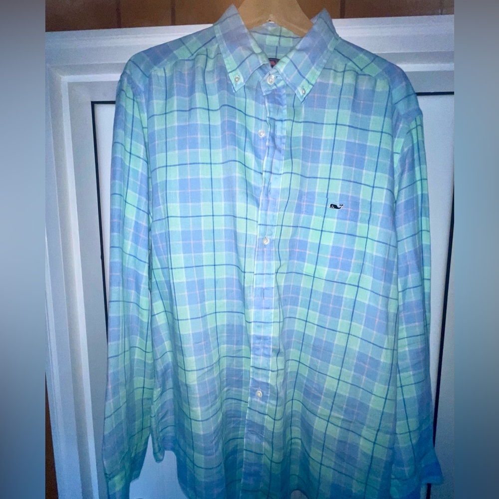 Vineyard Vines Light Blue and Green Plaid Linen Mens XL Shirt